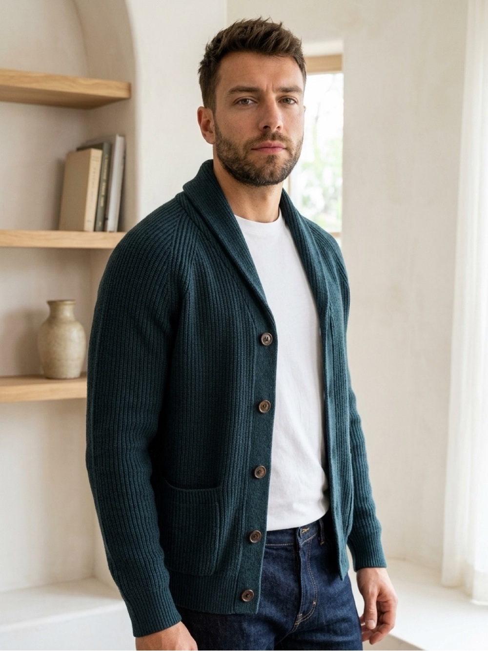 H&M Dark Green Shawl Collar Ribbed Knit Cardigan Sweater with Pockets Medium